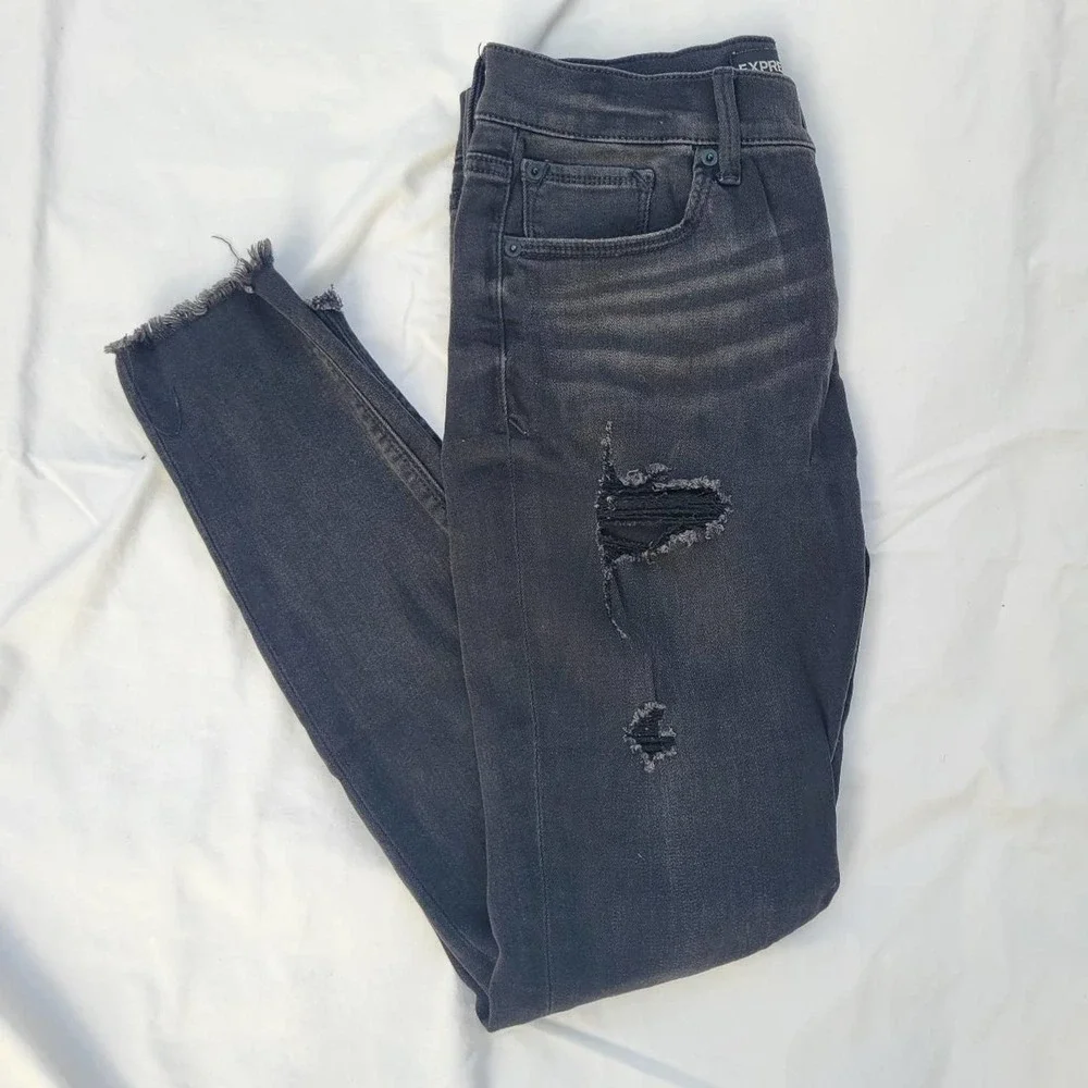 Express black mid-rise ripped distressed skinny jeans - Picture 1 of 3